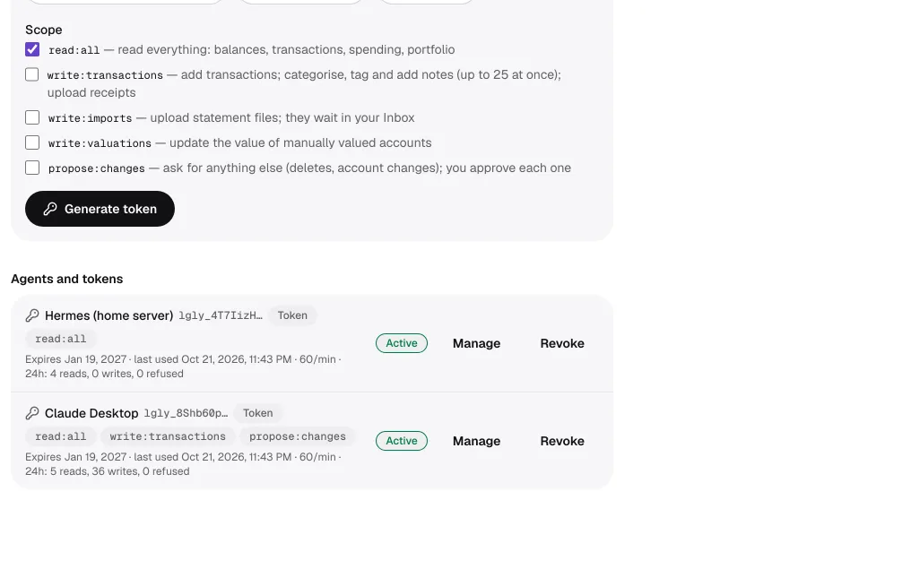 Settings, Agents: connected agents with their scopes, recent activity and a revert button.